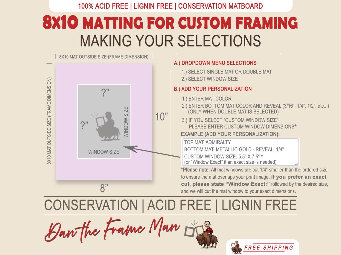 8x10 Custom Mat Board: Acid & Lignin-Free, Single or Double Mat