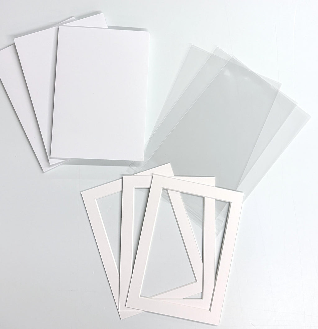3 Pack 5x7 White Acid Free Mat Board with Foamboard Backing and Clear bags