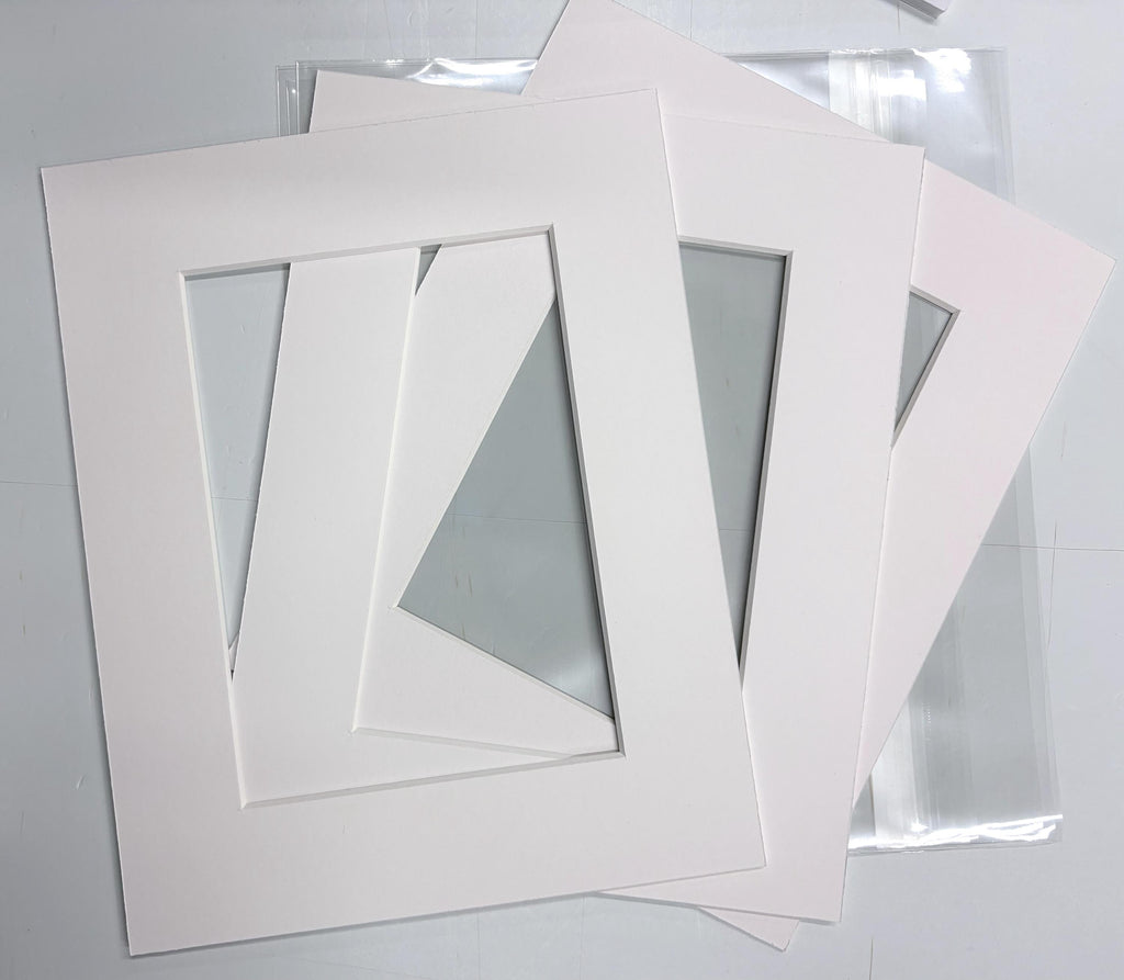 3 Pack 8x10 White Acid Free Mat Board with Foamboard Backing and Clear bags